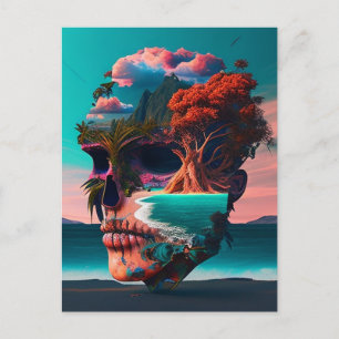 Colored skull head holiday postcard