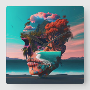 Colored skull head square wall clock