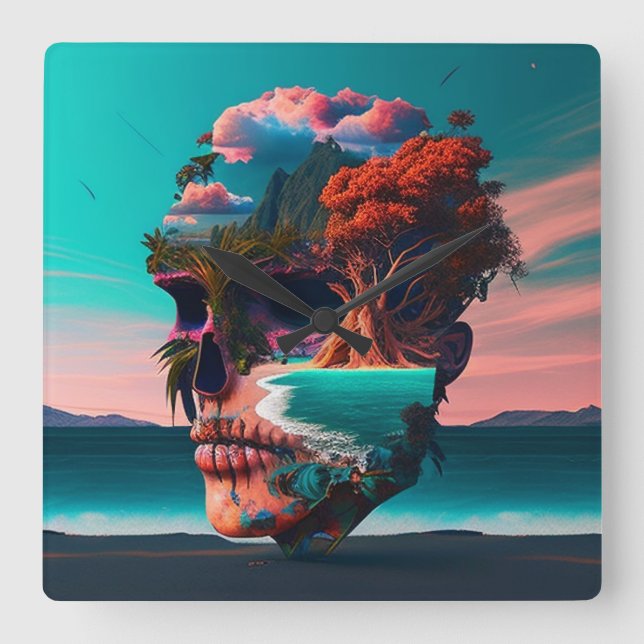 Colored skull head square wall clock (Front)