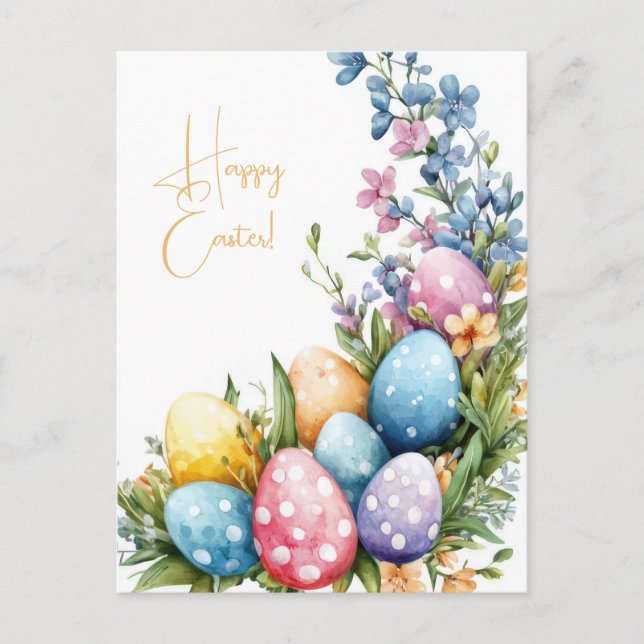 Colored watercolor postcard with Easter eggs (Front)