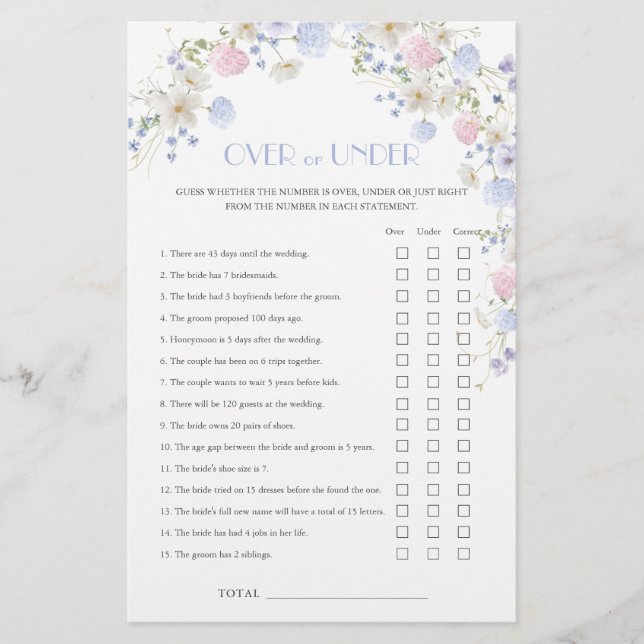 Colorfil Wildflower Bridal Shower Over Under Game (Front)