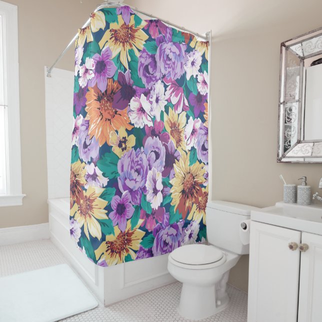 Colorfu summer flowers collage pattern shower curtain (In Situ)