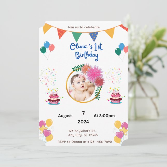 Colorful 1st Birthday invitation (Standing Front)