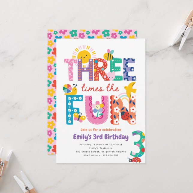 Colorful 3rd Birthday Invite, Three Times the Fun Invitation (Front/Back In Situ)