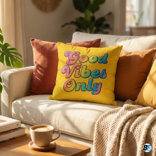Colorful 70s Good Vibes Only Quote Yellow Aestheti Cushion