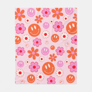 Colorful 70s Groovy Flower Smile Face Pattern Fleece Blanket