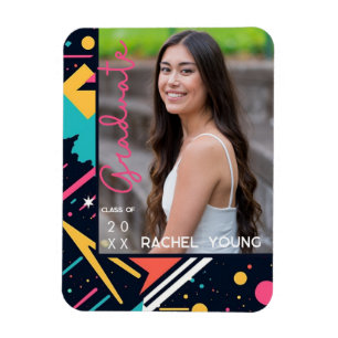 Colorful 80's Retro Navy & Pink Graduation Photo Magnet