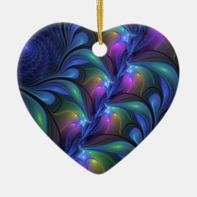 Colorful Abstract Blue Pink Green Fractal Heart Ceramic Tree Decoration (Front)