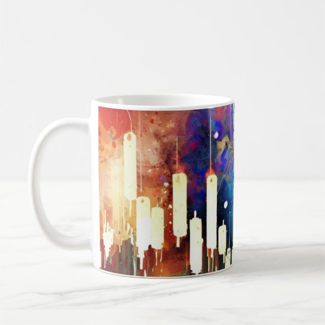 Colorful abstract candlestick chart painting coffee mug (Left)