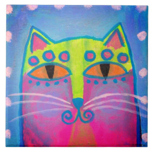 Colorful Abstract Cat Painting Tile