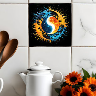 Colorful Abstract Celestial Moon and Sun Splash Tile