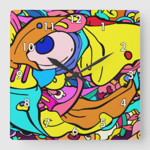 Colorful Abstract Doodle Art Square Wall Clock