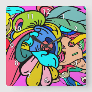 Colorful Abstract Doodle Art Square Wall Clock
