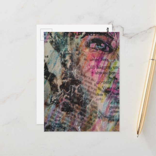 colorful abstract face mixed media postcard (Front/Back In Situ)