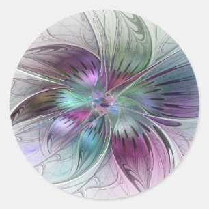 Colorful Abstract Flower Modern Floral Fractal Art Classic Round Sticker