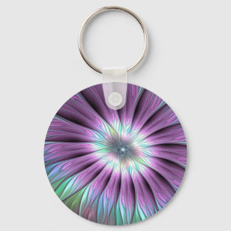Colorful Abstract Flower Pink Blue Green Fractal Key Ring