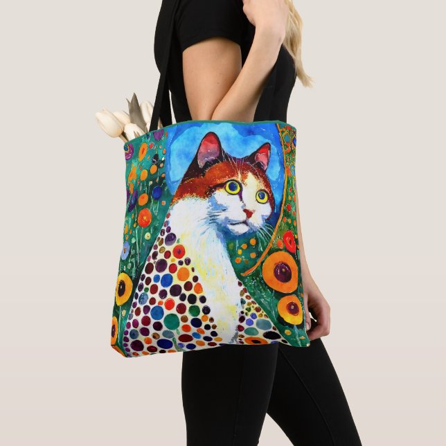 COLORFUL ABSTRACT FUNNY PAINTING OF A CAT  TOTE BAG (Close Up)