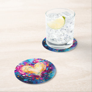 Colorful Abstract Modern Love Heart Round Paper Coaster