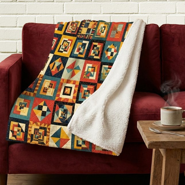 Colorful Abstract Tiled Geometrical Pattern Sherpa Blanket (A sherpa blanket featuring a colorful geometric tiled pattern in vibrant colors)