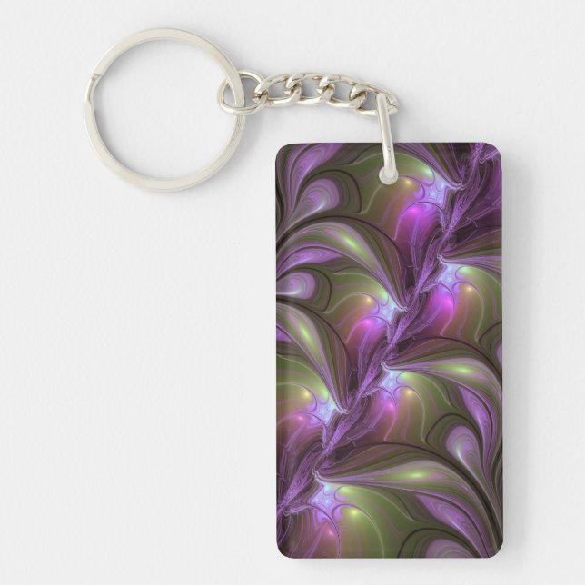 Colorful Abstract Violet Purple Khaki Fractal Art Key Ring (Front)