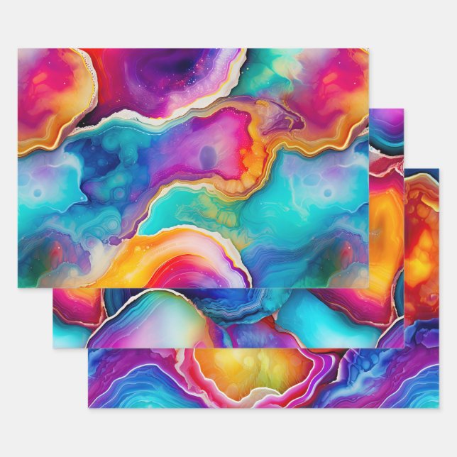 Colorful Agate Abstract with Swirling Layers Wrapping Paper Sheet (Set)