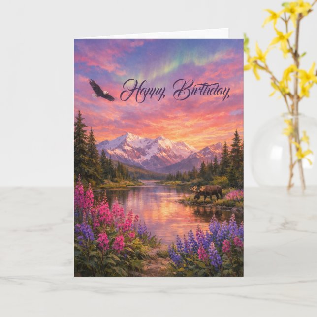 Colorful Alaska Landscape Birthday Card (Yellow Flower)