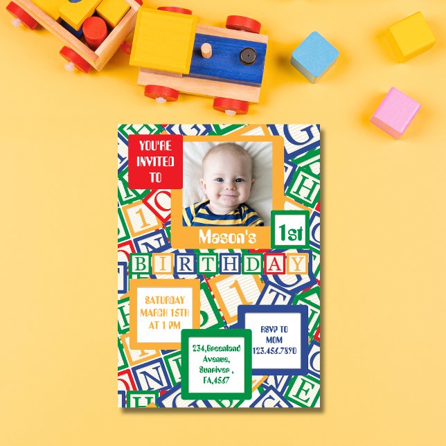 Colorful Alphabet Blocks Photo First Birthday Invitation (Creator Uploaded)