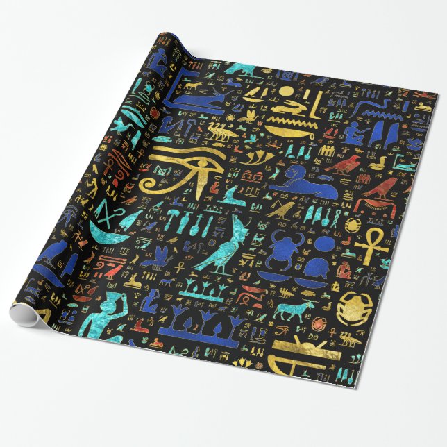 Colorful  Ancient Egyptian hieroglyphic pattern Wrapping Paper (Unrolled)