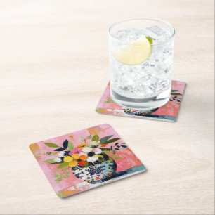 Colorful and Vibrant Vase of Flowers Square Paper Coaster