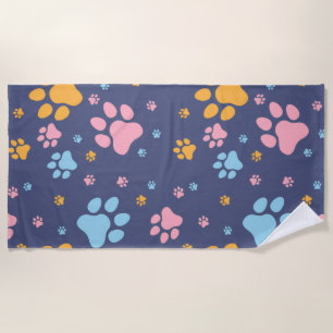 Colorful Animal Paw Prints Pattern Beach Towel
