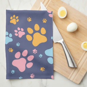 Colorful Animal Paw Prints Pattern Tea Towel