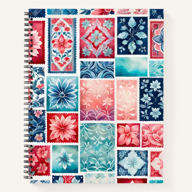 Colorful Antique Stamp Art Spiral Notebook (Front)