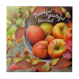 Colorful Apple Basket and Fall Leaves. Tile