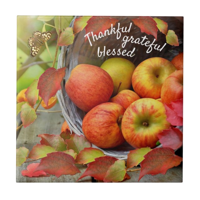 Colorful Apple Basket and Fall Leaves. Tile (Front)