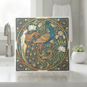 Colorful Art Nouveau Peacock Pat#3 ID1193 Tile