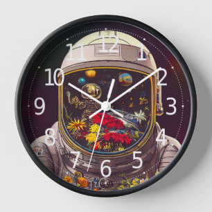 Colorful Astronaut in Space with Flowers Artwork   Clock
