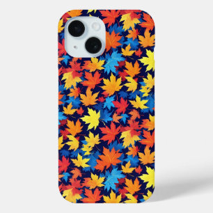 Colorful Autumn Leaves On Dark Blue Background iPhone 15 Case