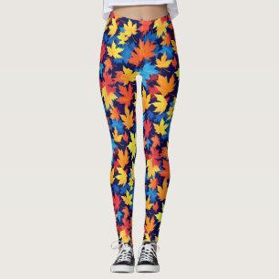 Colorful Autumn Leaves On Dark Blue Background Leggings