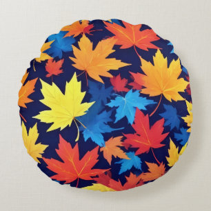 Colorful Autumn Leaves On Dark Blue Background Round Cushion