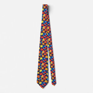 Colorful Autumn Leaves On Dark Blue Background Tie