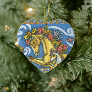 COLORFUL AUTUMN LEAVES ON WHIMSICAL HORSE & COLT CERAMIC TREE DECORATION