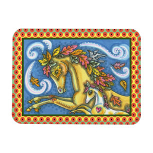COLORFUL AUTUMN LEAVES ON WHIMSICAL HORSE & COLT MAGNET
