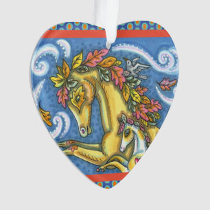COLORFUL AUTUMN LEAVES ON WHIMSICAL HORSE & COLT ORNAMENT