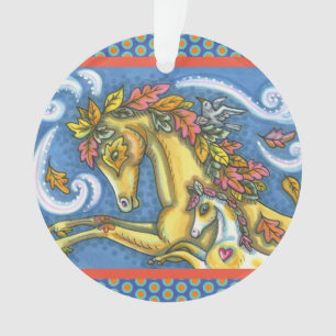 COLORFUL AUTUMN LEAVES ON WHIMSICAL HORSE & COLT ORNAMENT