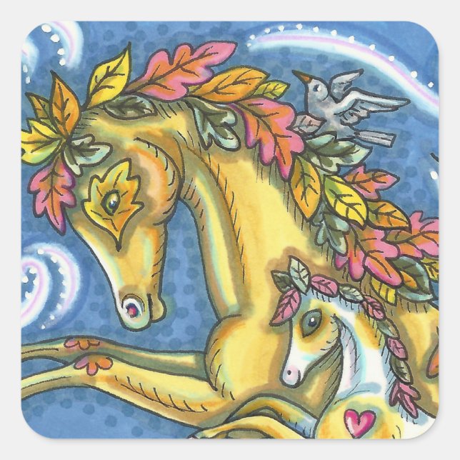 COLORFUL AUTUMN LEAVES ON WHIMSICAL HORSE & COLT SQUARE STICKER (Front)