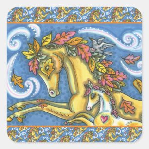 COLORFUL AUTUMN LEAVES ON WHIMSICAL HORSE & COLT SQUARE STICKER
