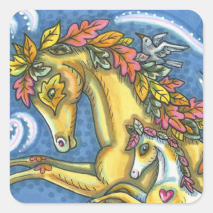COLORFUL AUTUMN LEAVES ON WHIMSICAL HORSE & COLT SQUARE STICKER
