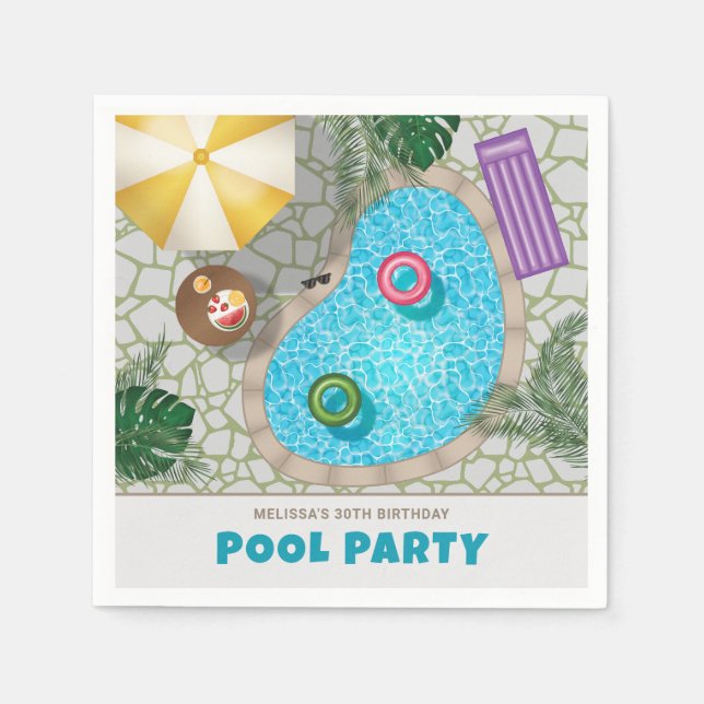 Colorful Backyard Swimming Pool Birthday Party Napkin (Front)