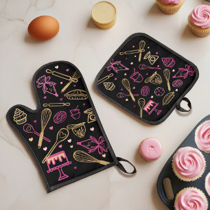 Colorful Baking & Cooking Utensil Black Gold Pink Oven Mitt & Pot Holder Set