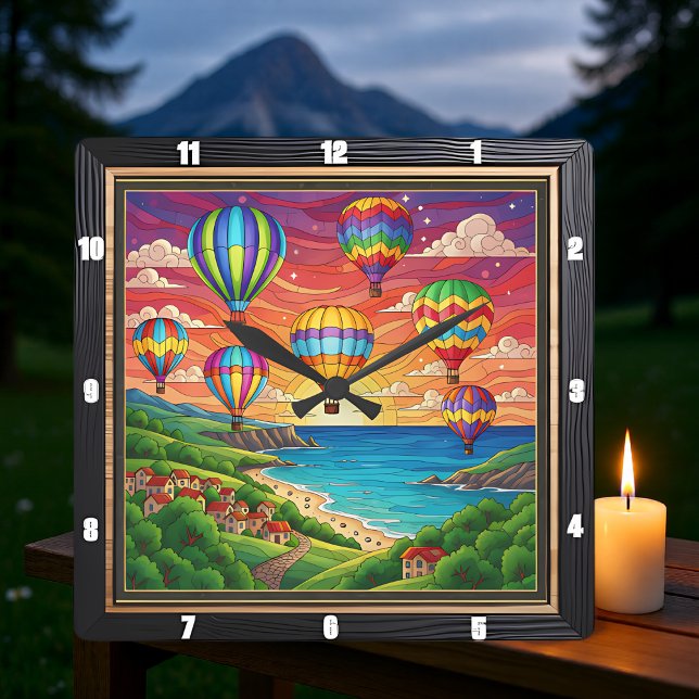 Colorful Balloons Coastal Village Square Wall Clock (Creator Uploaded)